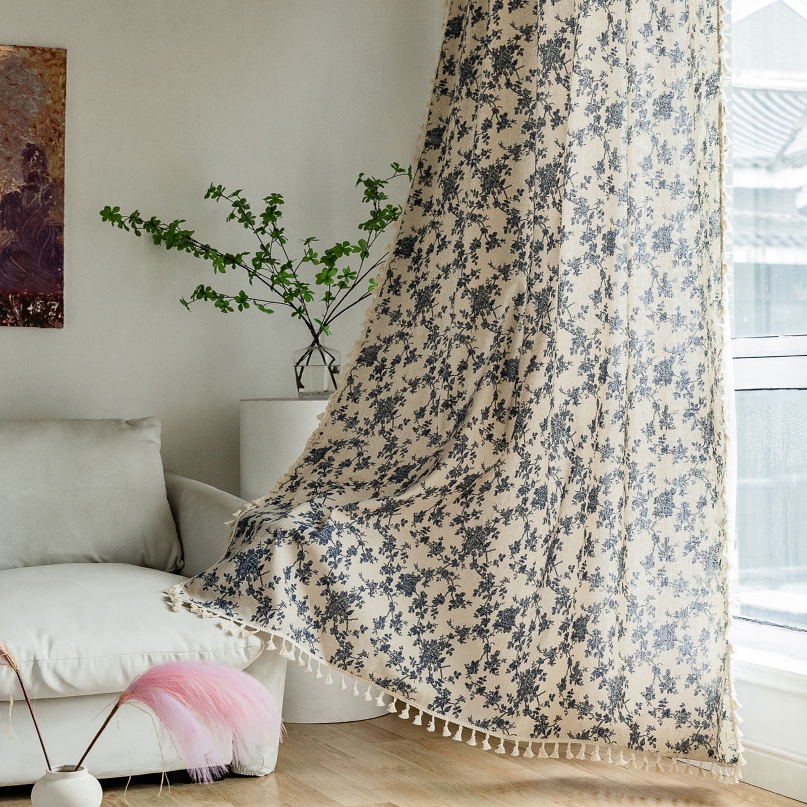 NixiYa Rose flower Curtains for Living Room Rod Pocket Farmhouse Linen Curtains Light Filtering 52" x 63",1 Panel,Beige