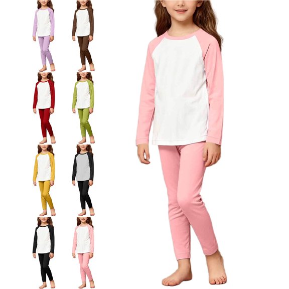 WAVSUF Girls Sets 2 Piece Long Sleeve Top and Leggings Round Neck Soft Stretch Spring Comfort Home Outfits Pink 7-8