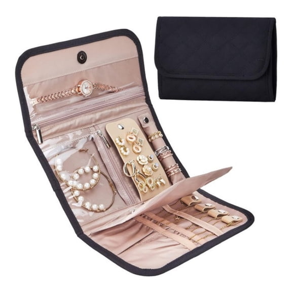 Travel Jewelry Case Organizer, Medium Foldable Storage Roll for Earrings, Necklaces, Rings, Bracelets, Brooches, Black（excluding jewelry）