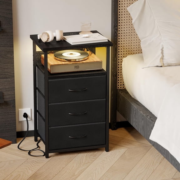 Tomnk Nightstand with Charging Station, LED Nightstand with 3 Fabric Storage Drawers, Bed Side Table, Black