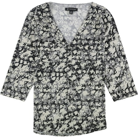 I.N.C Womens 3/4 Sleeve Printed Pullover Blouse, Black, Petite, PM