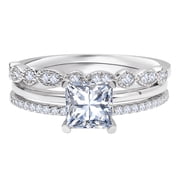 JeenMata 3.25 Carat Princess Wedding Ring Set - Bridal Set - Wedding Trio Set - Engagement Ring - Art Deco Ring - Promise Ring - Sterling Silver