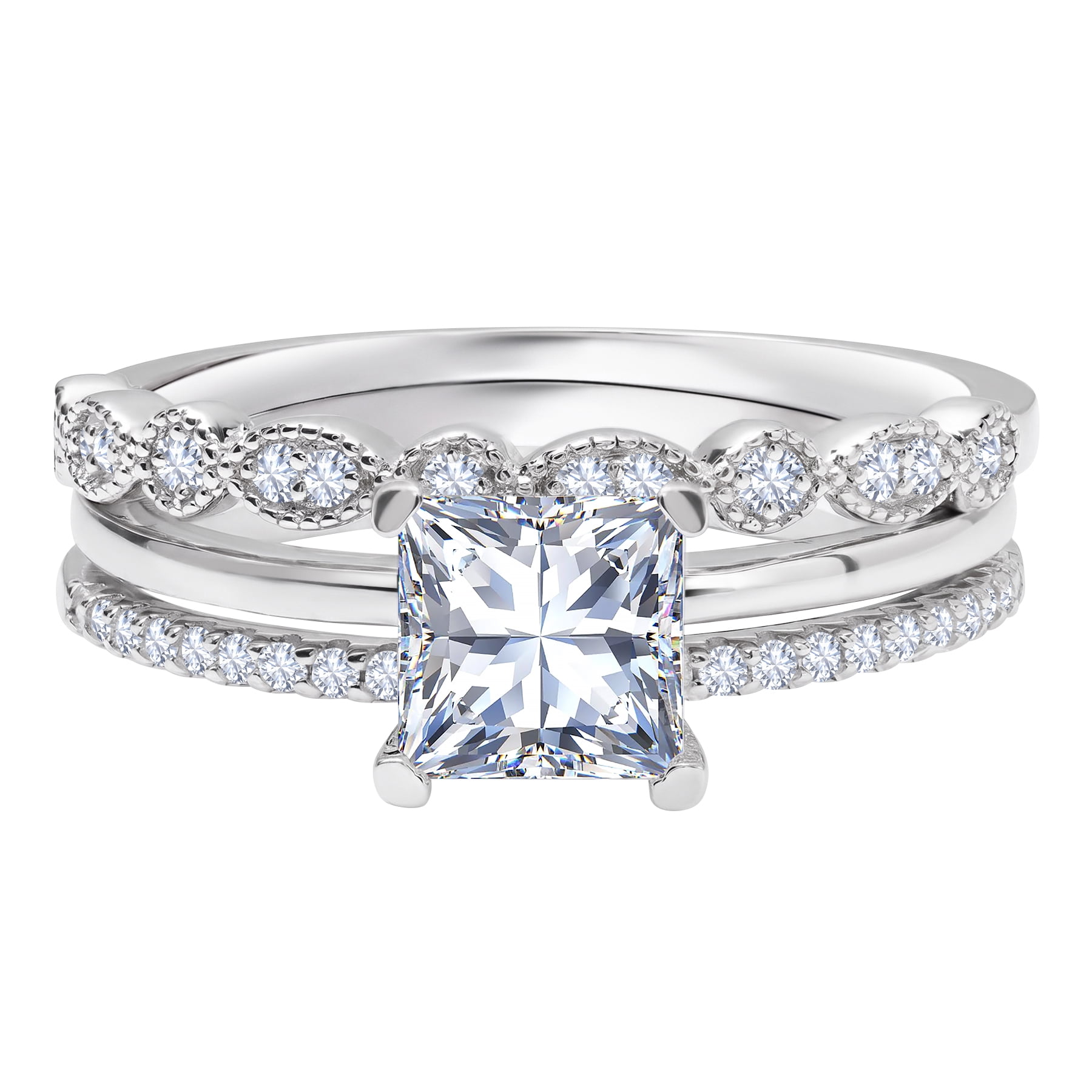 JeenMata 3.25 Carat Princess Wedding Ring Set - Bridal Set - Wedding Trio Set - Engagement Ring - Art Deco Ring - Promise Ring - Sterling Silver