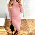 thumbnail image 3 of comerut 2 Pcs/Set Sweater Skirt Set High Collar Two Piece Set Solid Color Knitted Sheath Keep Warm Long Sleeves High Waist Elastic Lady Sweater Skirt Suit for Dating, 3 of 8