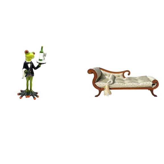 CarpNettore Frog Waiter Statue and Miniature Wooden Sofa Bed Sculpture Creative Animal Figurine Tabletop Ornament for Dollhouse Lounge Decor Birthday Gift