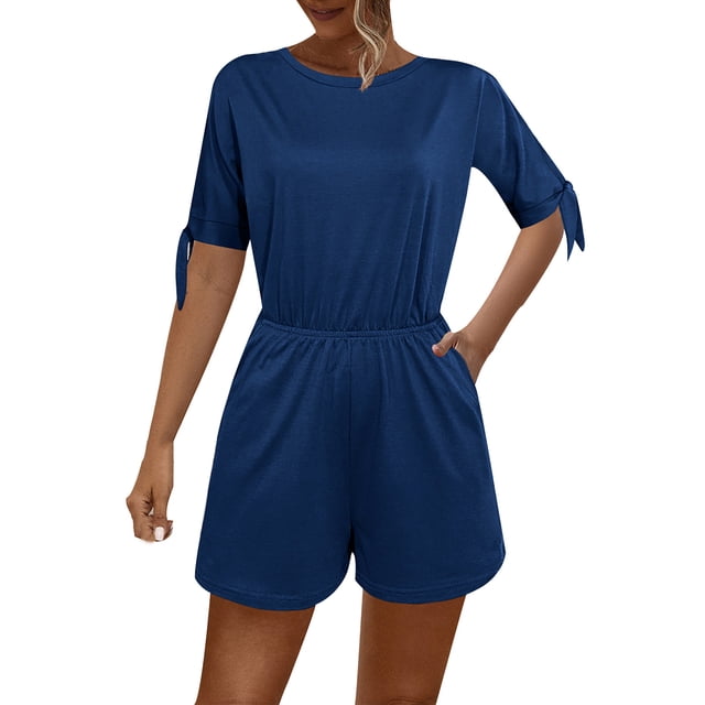 aidice Rompers for Women Summer Round Neck Short Sleeve Knot Elastic Waisted Homewear Shorts Jumpsuits