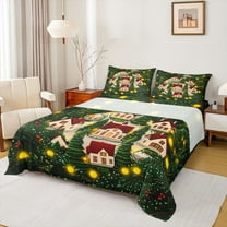 Manfei Cartoon Christmas Cabin Twin Sheet Sets for Kids, Winter Xmas Tree Twin Fitted Sheet, Dreamy Fairy Tale Flat Sheet, Lightweight Room Decor, 3pcs