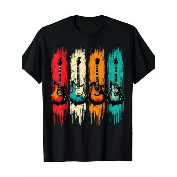 Men's Vintage Guitar Graphic T-Shirt - 100% Cotton 180gsm Heavyweight Crew Neck Short Sleeve Tee with Retro Music Band Design, Machine Washable Casual Shirt for Music Lovers