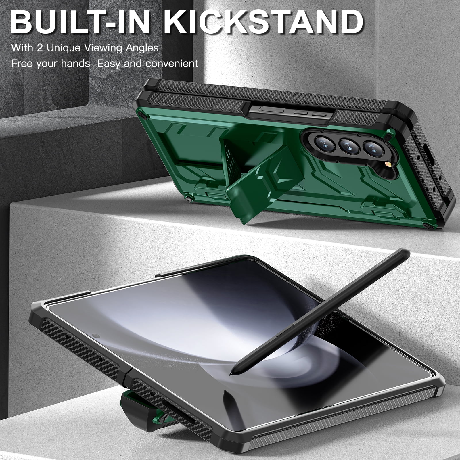 ELEHOLD Rugged Hybrid Case for Samsung Galaxy Z Fold 5 with Built-in Screen Protector Hidden Kickstand Pen Slot Heavy Duty Full Body Shockproof Case with Stylus Pen for Samsung Z Fold5 2023,Green