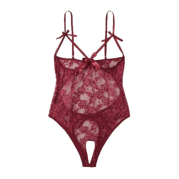 Women Bow Lace Hollow Open Crotch Teddy Bodysuit Backless Jumpsuit Lingerie