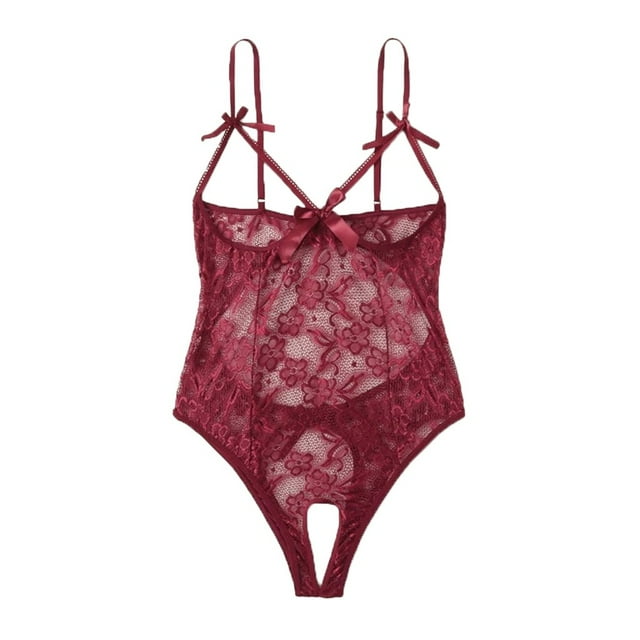WZXFASHION Women Bow Lace Hollow Open Crotch Teddy Bodysuit Backless Jumpsuit Lingerie Intimates Red S