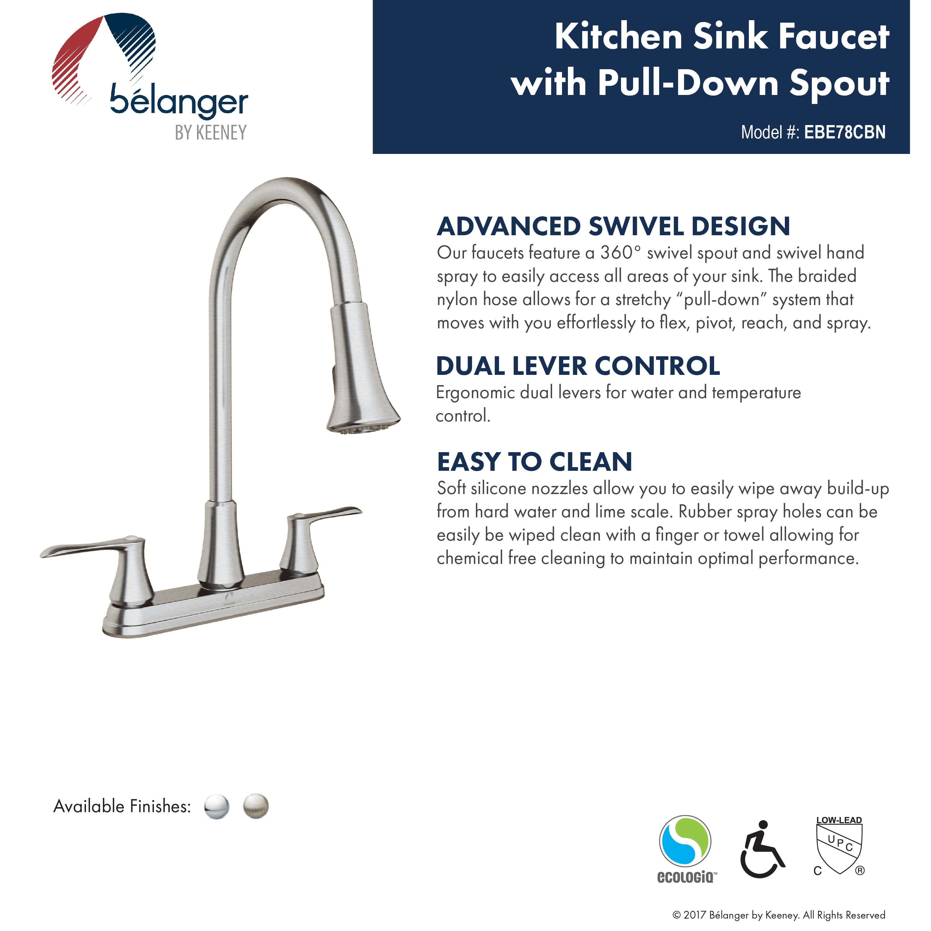 Belanger Dual Handle Pull Down Kitchen Faucet With Swivel Spout