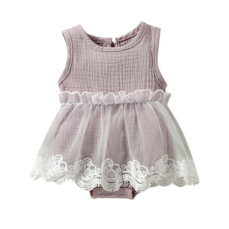 

Calsunbaby Baby Girl’s Casual Sleeveless Romper Solid Color Mesh Yarn Skirt Triangle Jumpsuits Summer Clothes Purple 6-12 Months