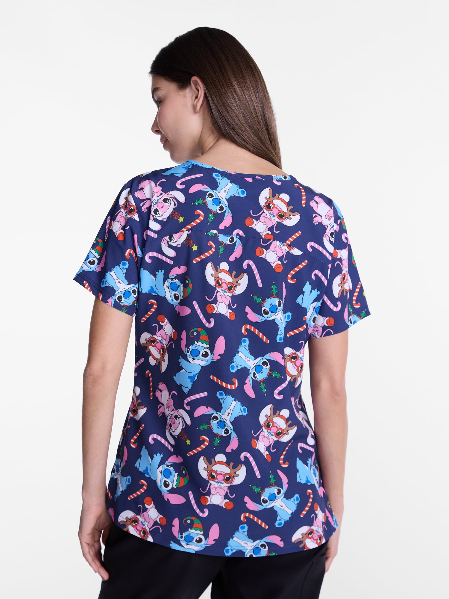 Lilo and Stitch Women's Holiday Scrub Top with Short Sleeves, Sizes S-XXXL