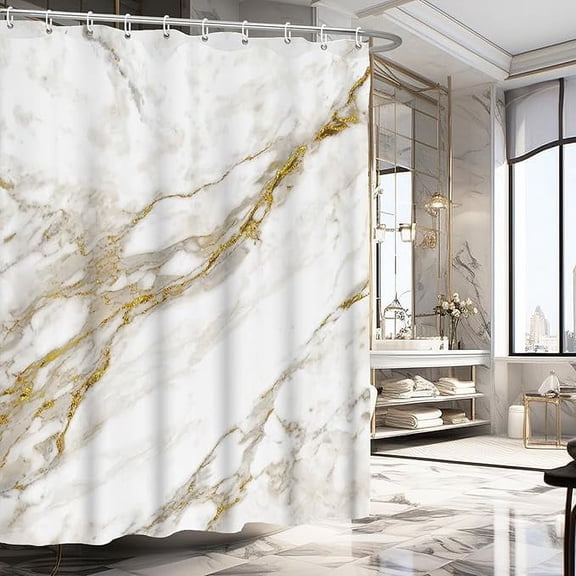 Gold White Marble Shower Curtain, Minimalist Modern Shower Curtain Set For Bathroom, Abstract Fabric Bath Curtain With Hooks 54"W x 72"L (Pack of 1)