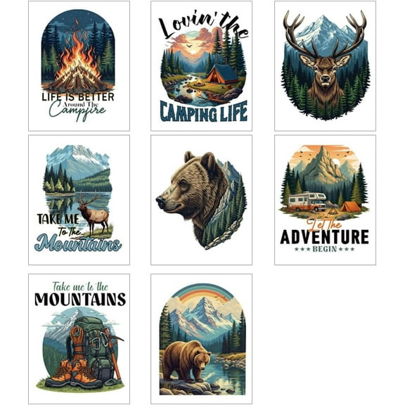16 Sheets Iron on Transfers T-Shirts Adventure and Camping Pattern DTF Transfers Ready to Press Washable Iron on Decals