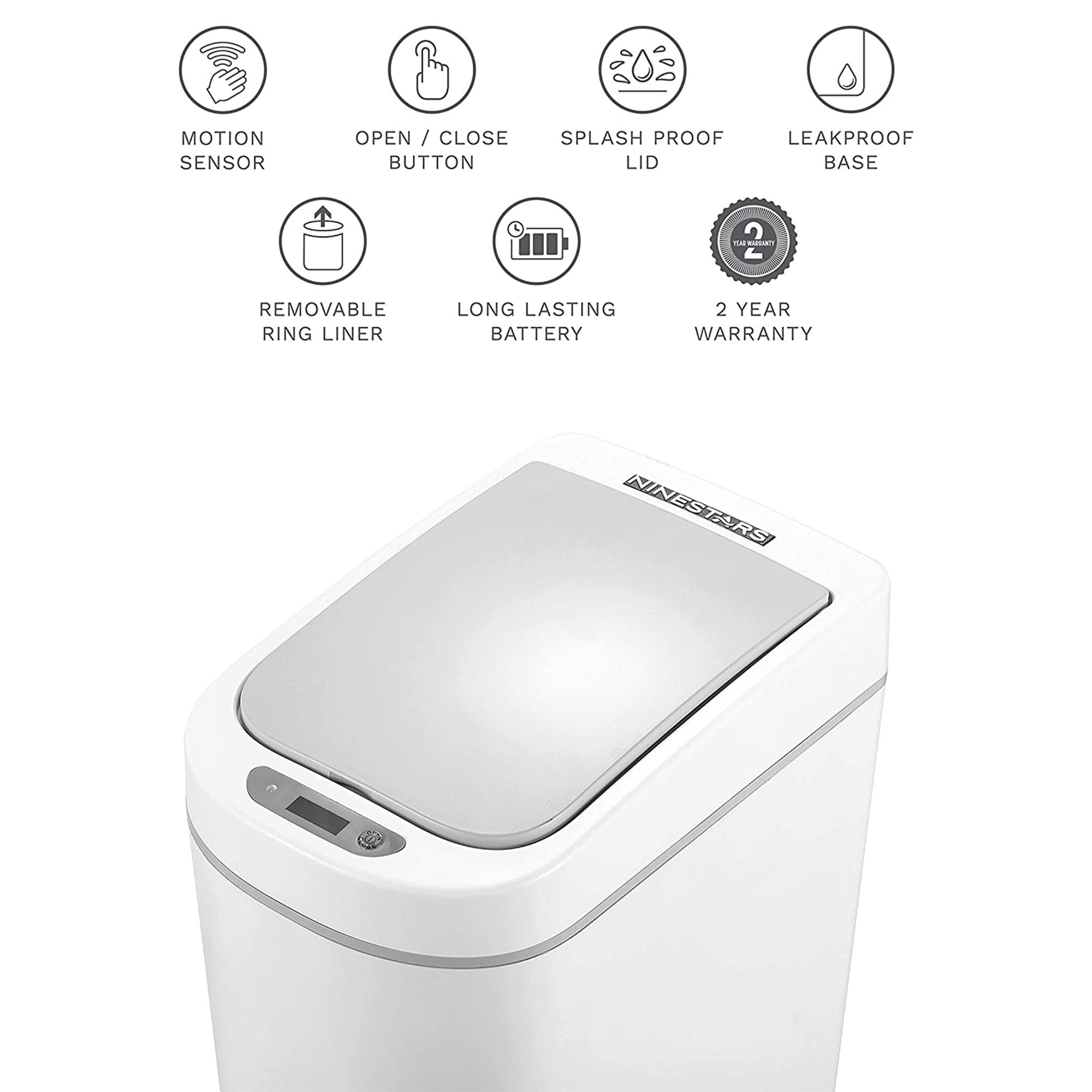 Nine Stars 1.85 Gallon Trash Can, Plastic Motion Sensor Bathroom Trash Can, White, Pack of 2