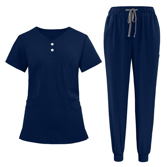 Afelkas Women Scrubs Sets Short Sleeve Button Down V Neck Top and Elastic Waist Drawstring Joggers Side Split Tops with Pockets Loose Nursing Uniforms for Hospital Staff Ladies