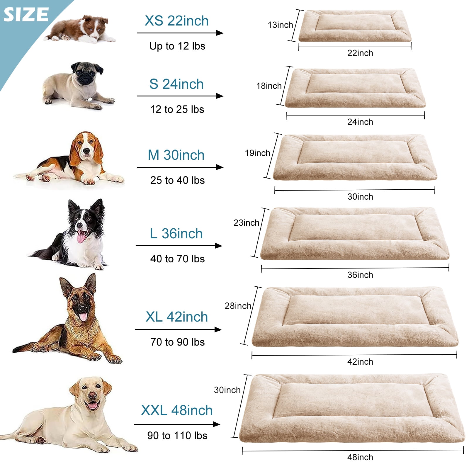 MERITLIFE Plush Washable Dog Bed Ultra Soft Dog Crate Mat Kennel Pad,Anti-Slip Pet Sleeping Bed for Small Medium Large Dogs,Beige 48" x 30"