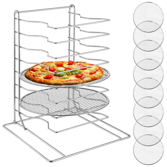 Stainless Steel 8-Tier Pizza Screen Rack Set, Includes 8 Perforated 12-inch Pizza Screens, 16.7 in H x 12 in L x 12 in W, Commercial Kitchen Countertop Storage