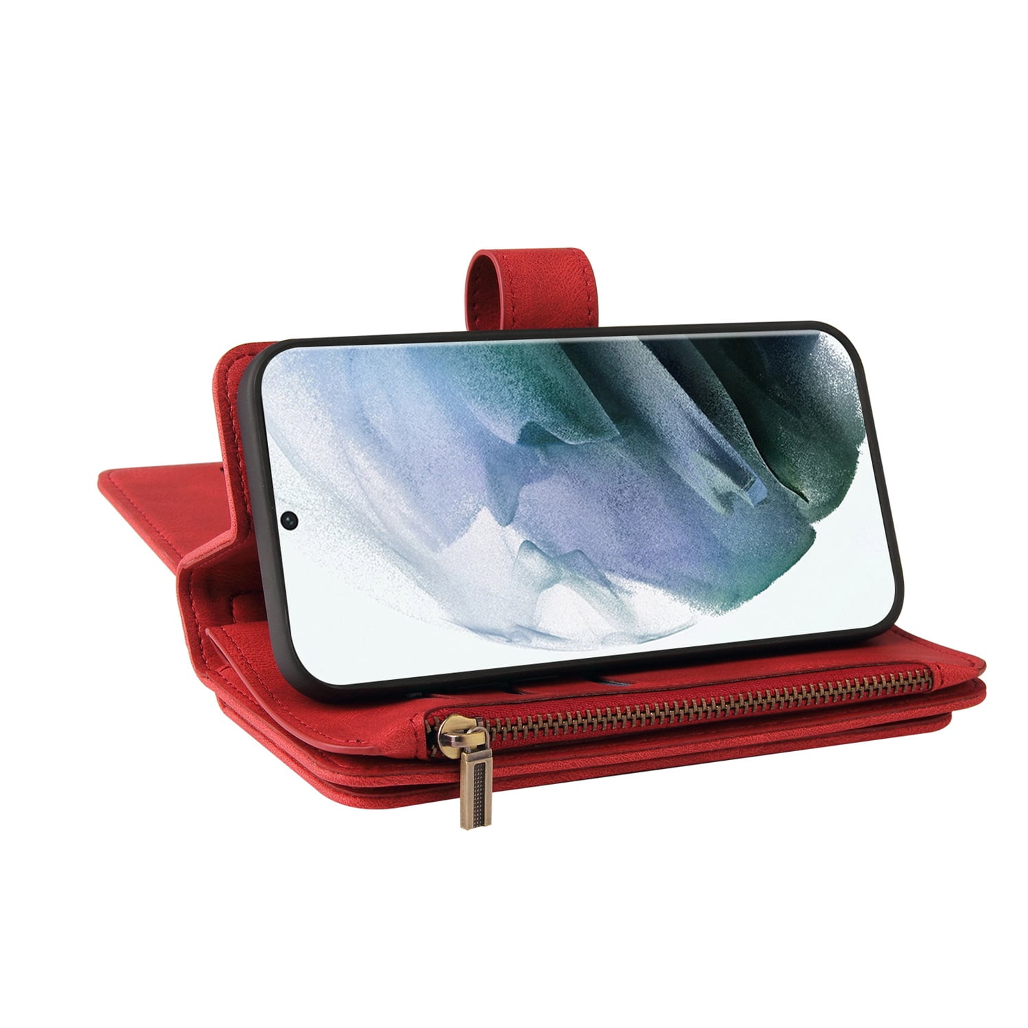Phone Case for Samsung Galaxy S22 Ultra, S22 Ultra Wallet Case, Luxury Folio Flip Leather Cover [Zipper Pocket] [Wrist Strap] [Kickstand] for Samsung Galaxy S22 Ultra, Red
