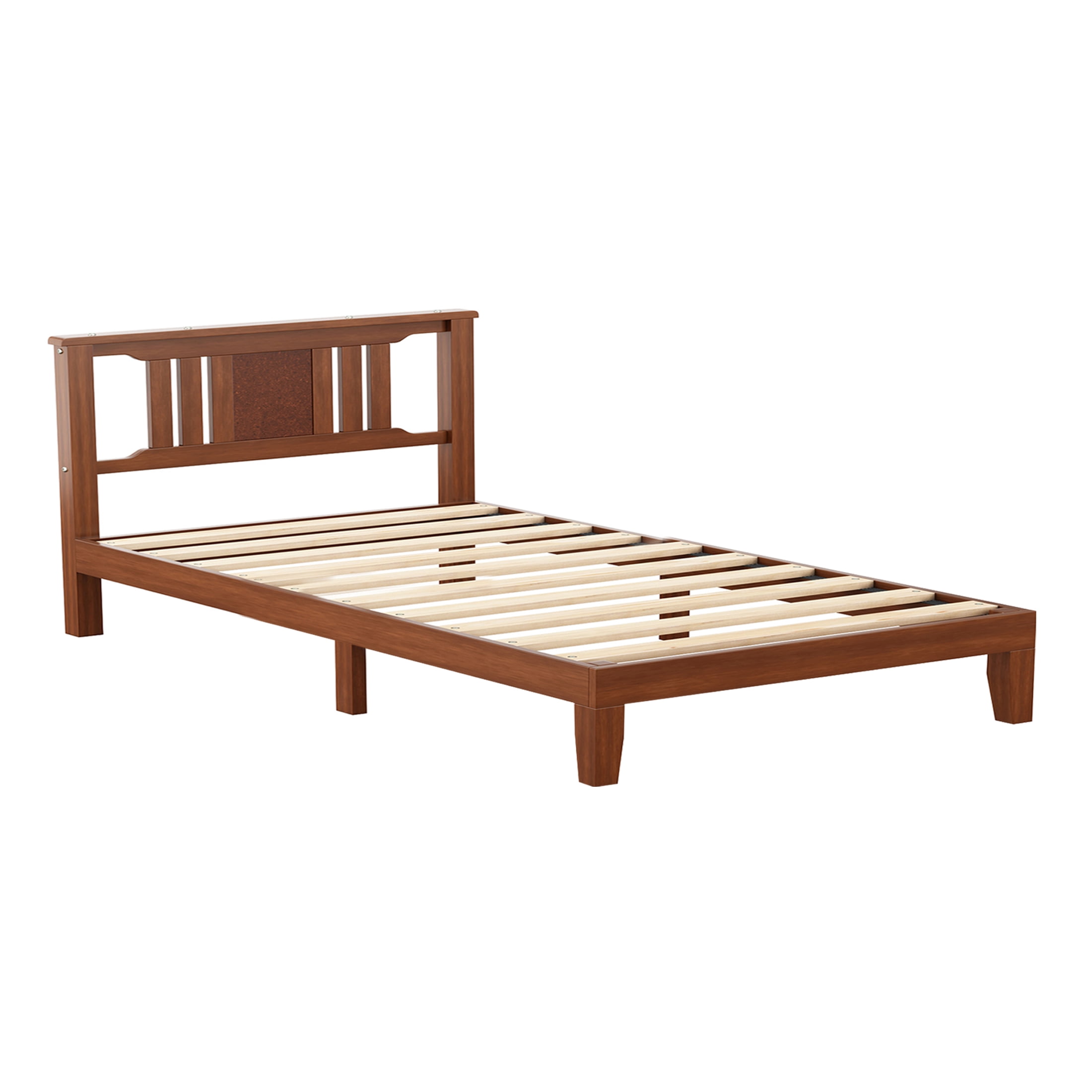 edx Mid Century Solid Wood Platform Bed with Headboard, Full Size Bed Frame with Wood Slat Support, No Box Spring Needed, Walnut Finish