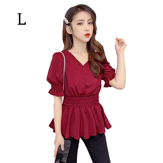 Camisa de mujer Cuello en V Verano Color sólido Manga media Botón Top, Rojo vino, L tholdsy AP001444-11