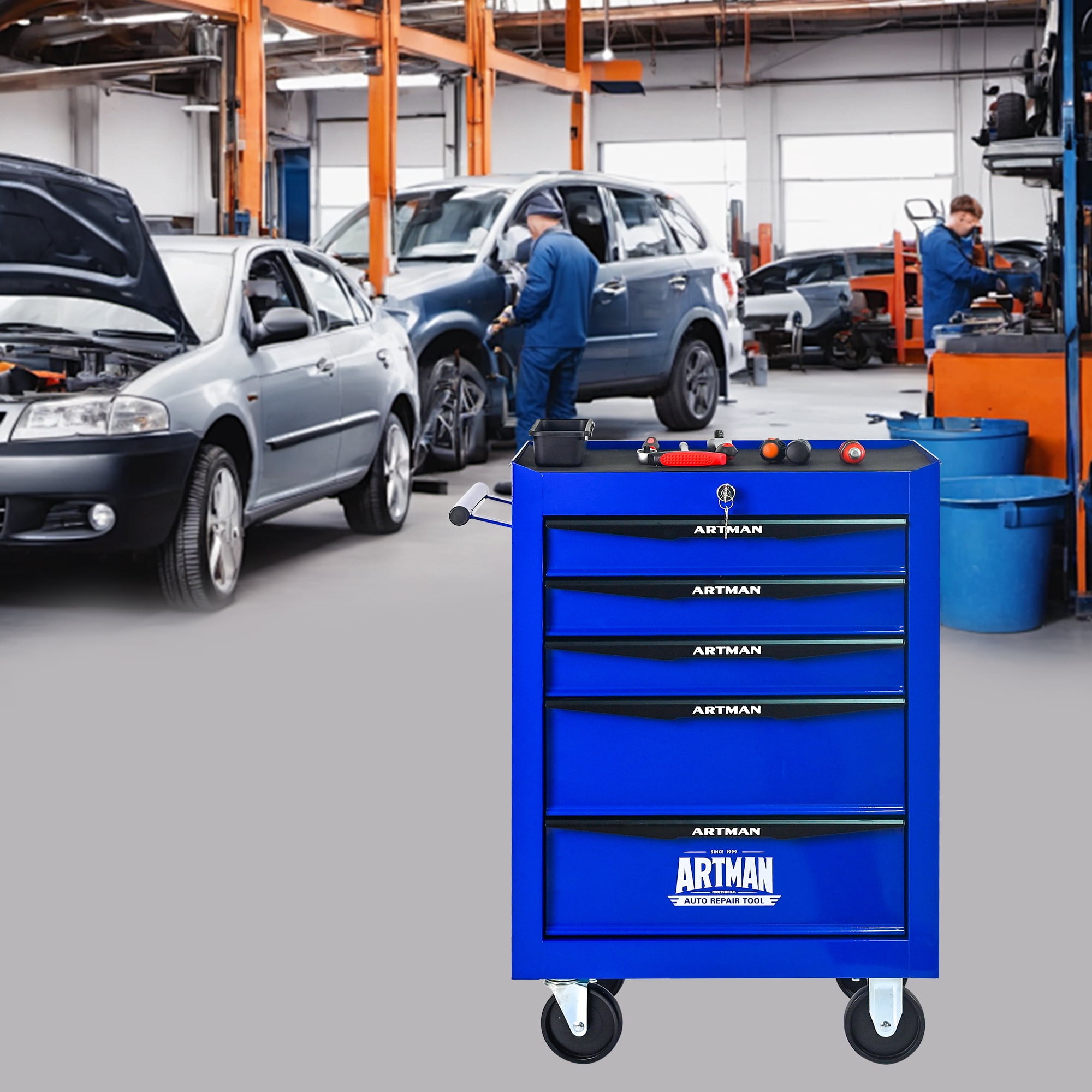 Rolling Metal Tool Chest Cabinet with 5 Drawers & Ball Bearing Drawer Slides, Steel Tool Storage Box Organizer -BLUE
