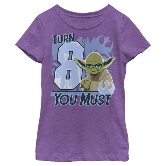 Girl's Star Wars Yoda Turn 8 You Must Rebel Logo Portrait  Graphic Tee Purple Berry Medium