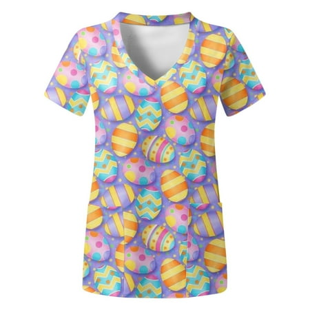 

Women Scrub Tops V-Neck Short Sleeve Pockets Printed T Shirt Female Dailywear