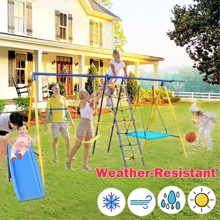 7 in 1 Outdoor Swing Set,A-Frame Heavy-Duty Metal Swing Set with Slide,2  Swing Seats,1 Climbing Net & Ladder,1 Gym Hoop,1 Basket,Safe Swing Set for Kids  Playground Backyard Outdoor 