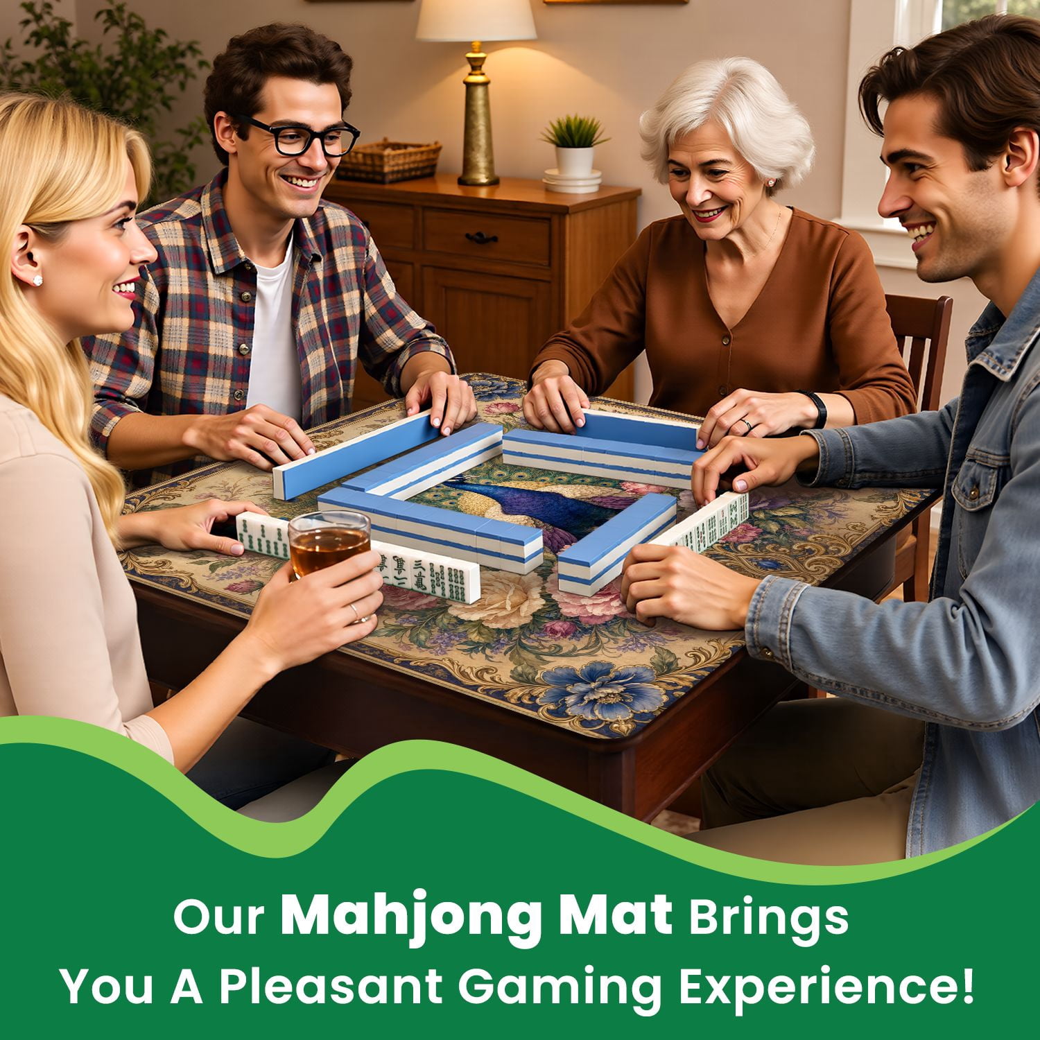 Mahjong Mat 31.5" x 31.5" Elegant Peacock Floral Golden Frame Vintage Style Non-Slip Noise Reduction Mahjong Tiles Table Cover for Dominoes Poker Card Board and Tile Games