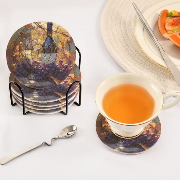 BZSMCE 6Pcs Drink Coasters With Holder 3.94Inch Grape and Wine Painting Creative Coil Coaster Coasters Colors Absorbent Coasters for Drinks Coasters Set Thicken Heat for Home Table