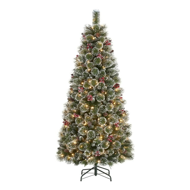 Holiday Time 6 5ft Pre Lit Glittering Frost Pine Christmas Tree Warm White Led Green 6 5 Walmart Com