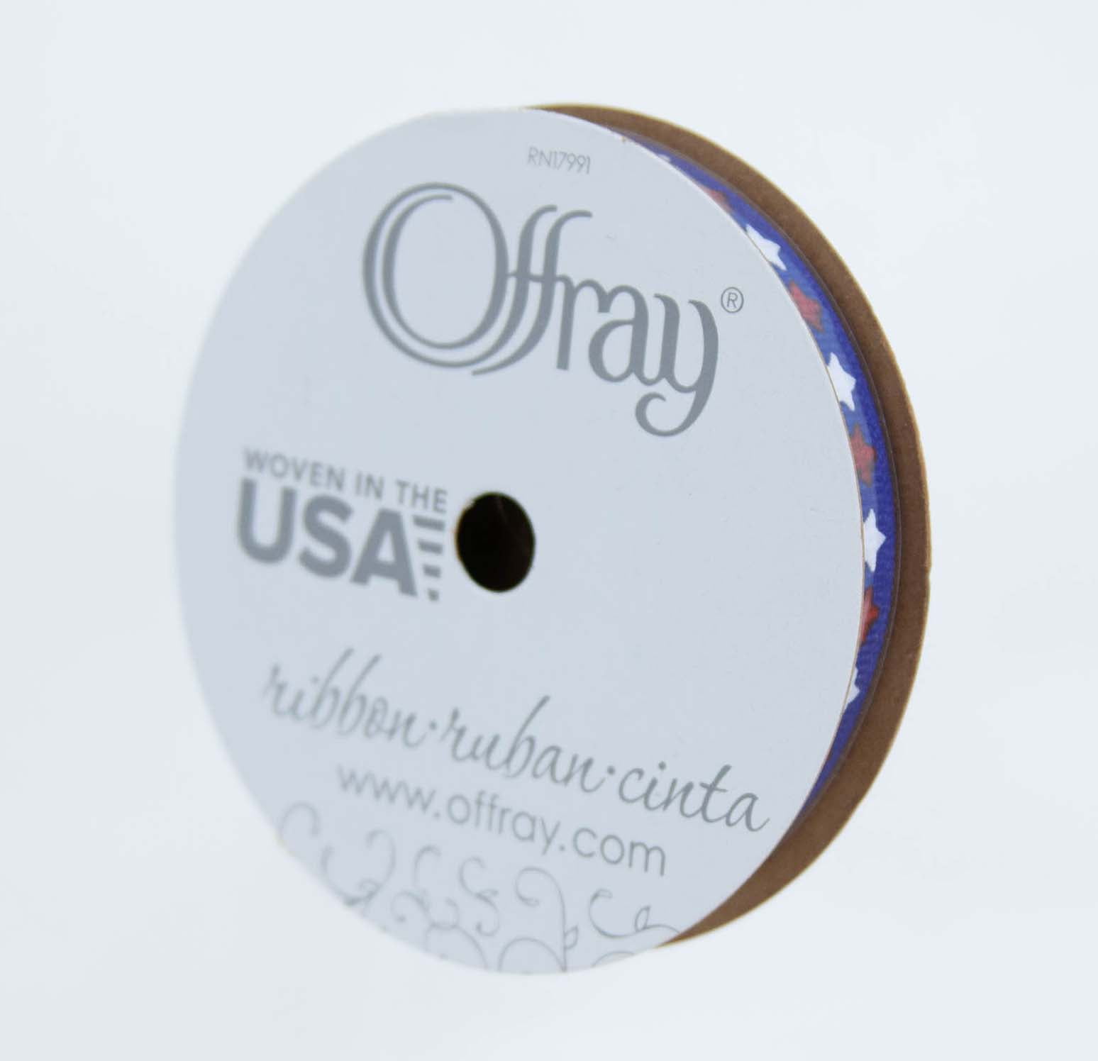 Offray Ribbon, Royal Blue 3/8 inch Stars Grosgrain Ribbon, 9 feet