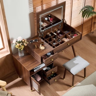 LUXOAK 42'' Farmhouse Makeup Vanity Desk With Sliding Mirror & LED Lights - Rustic Light Oak Finish, Glass Top, 4 Drawers & Barn Door Storage