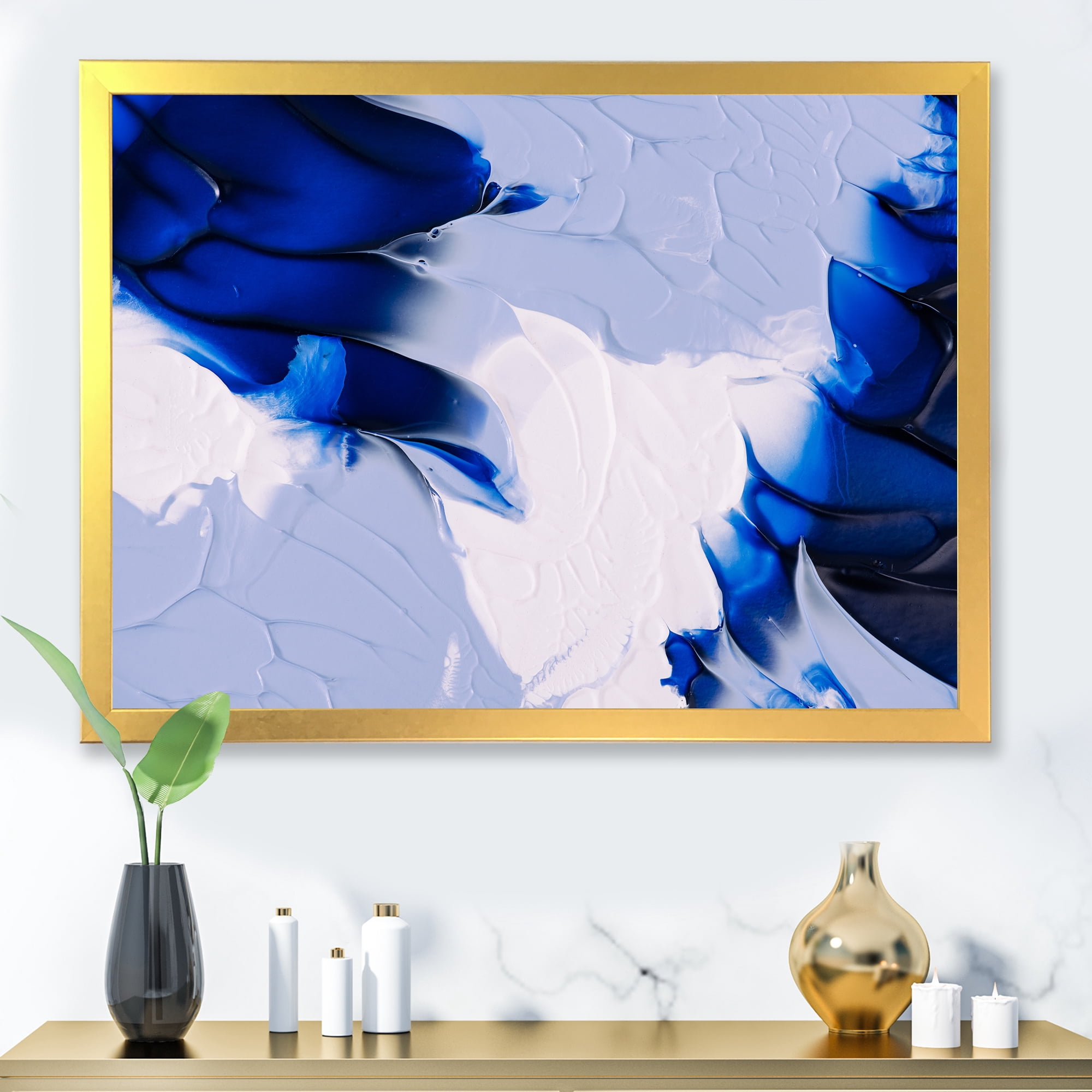 Designart 'Abstract White and Blue Grey Waves' Modern Framed Art Print