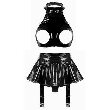 YiZYiF Womens Exotic Lingerie Set Patent Leather Open Cups Bra with Ruffled Garter Mini Skirt with G-string C Black S
