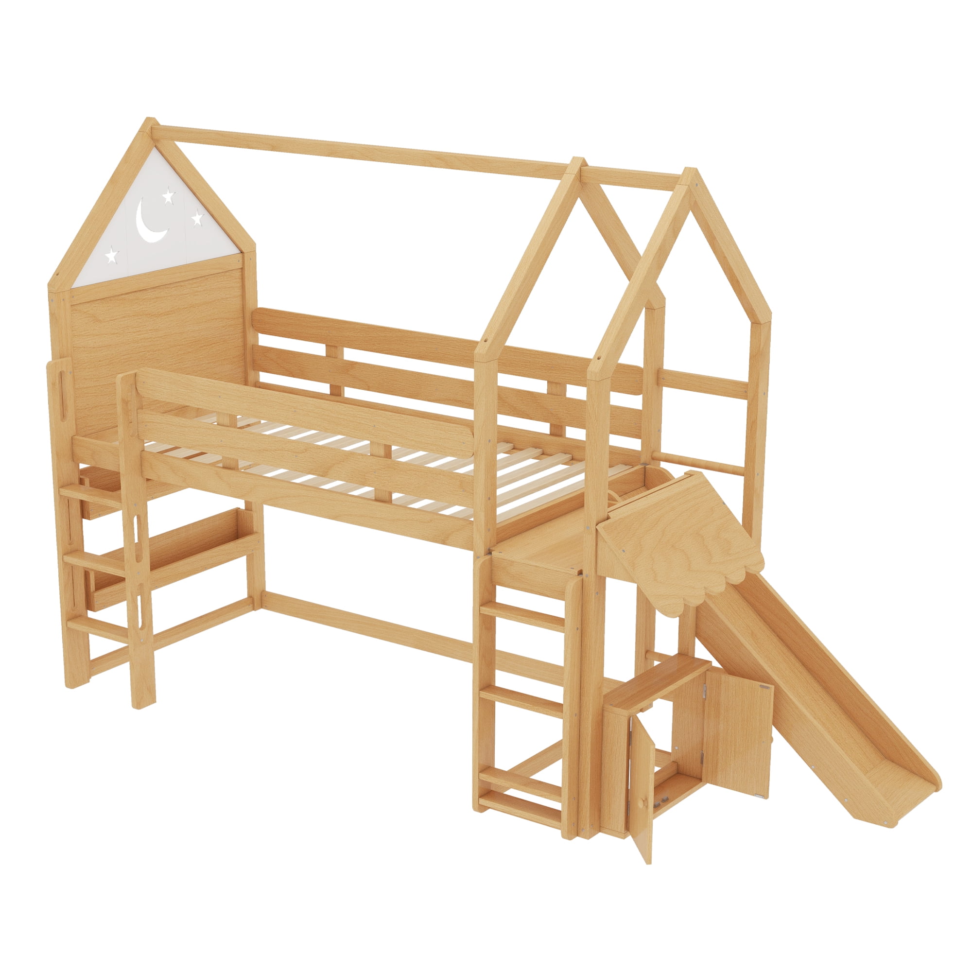 Yoneston Twin House Shaped Loft Bed with Slide and Bookshelf, Starry Moon Platform House Bed with Stairs, Roof & Guardrails for Kids Teens Bedroom Playhouse, Natural