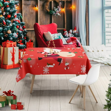 

Christmas Tablecloth Winter Snowman House Christmas Trees Red Washable Table Cover for Party Picnic Dinner Decor
