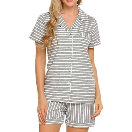 

Oulibaoo Women 2PCS Pajama Set Solid Color/Dot/Striped Short Sleeve Top Short Pants