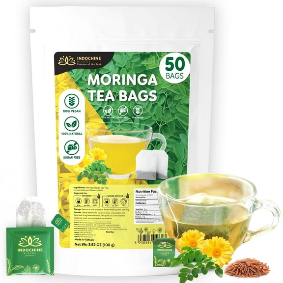 Indochine Blends Moringa Herbal Tea Bags | Moringa, Red Rice, Chrysanthemum & Stevia | Caffeine-Free, No Sugar | 50 Bags, 3.5 oz