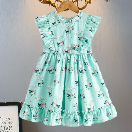 

MyBeauty Kids Dress Printing Ruffle Hem Green Girls Lacework Collar Dress for Vacation Green 5 Years