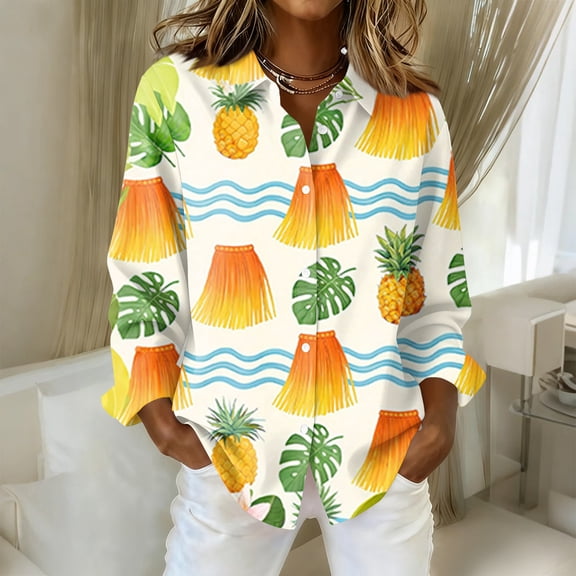 Hawaiian Shirts for Women Plus Size: Cool Summer Luau Shirt Hawaii Tropical V Neck Button up Tops Yellow XL