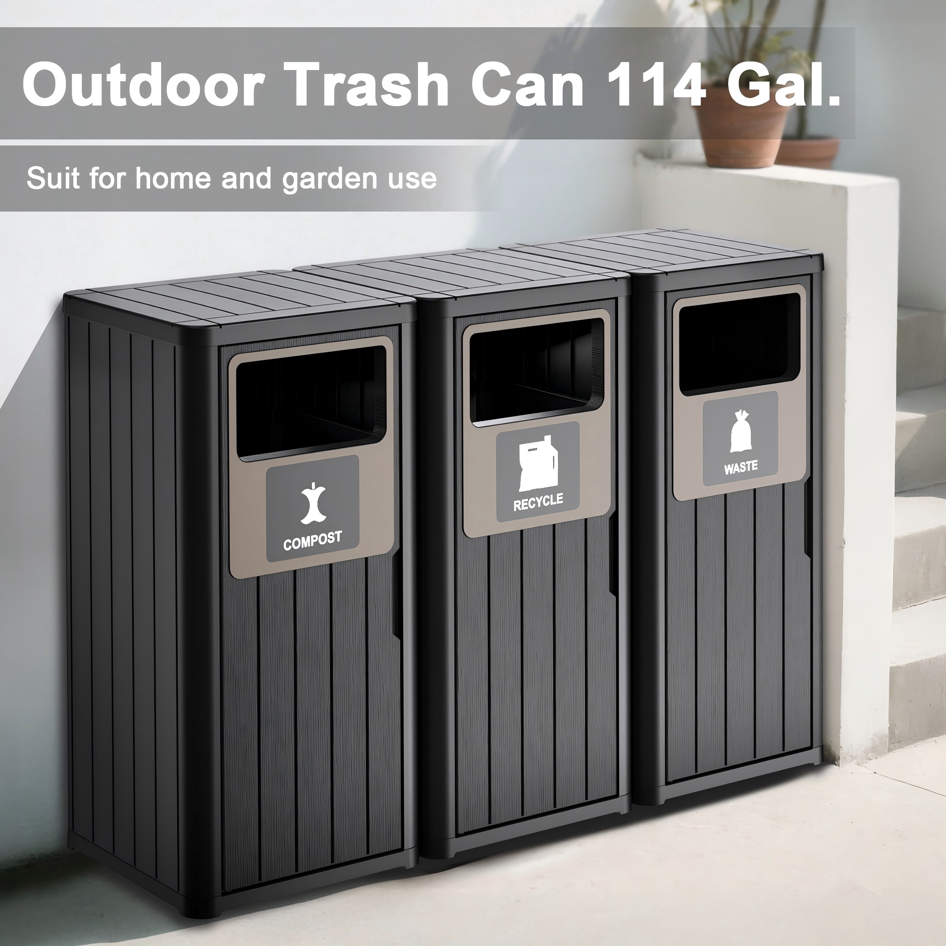 Outdoor Single Barrel Trash Can,Waterproof Resin Garbage Can with Garbage Labels,Durable Waste Bin for Porch, Backyard,Kitchen,for 30 to 39 Gallon Trash Bags（Black，3)
