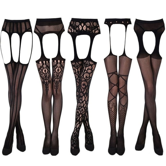 Women's 5 Styles Pack Crotchless Stockings Black Fashion Suspender Pantyhouse Super Stretch High Tigh Sexy Tights Sleepwear Gift For Girlfriend Wife