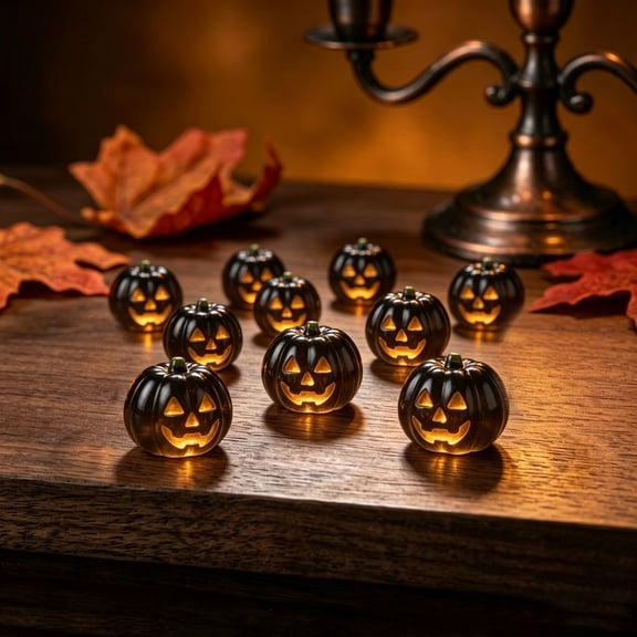 Halloween Decorations,Luminous Mini Pumpkins 10 Pack, Resin Halloween Decorations, Glowing Artificial Pumpkins for Fall Table(Black)