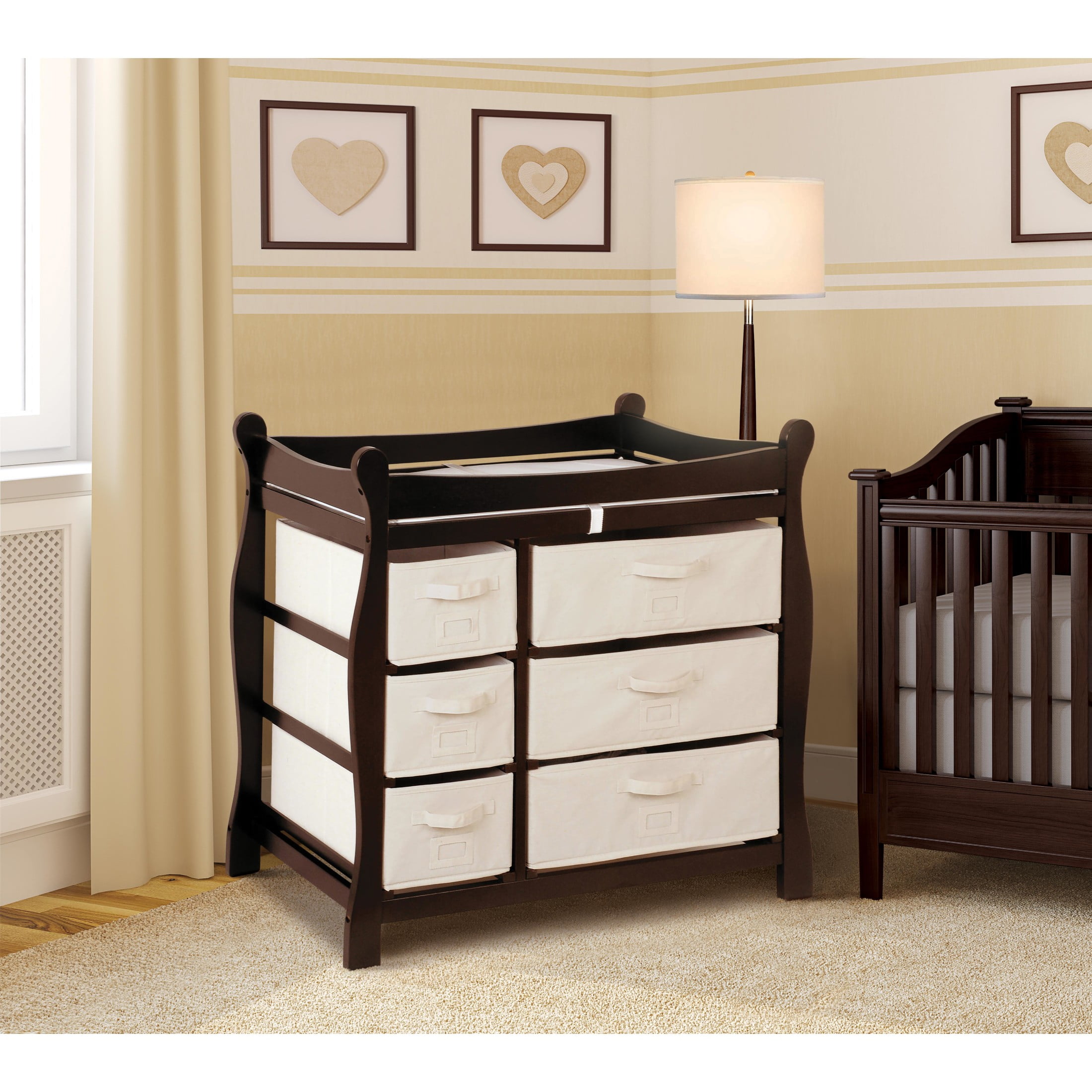 Badger Basket Sleigh Style Baby Wood Changing Table with 6 Baskets
