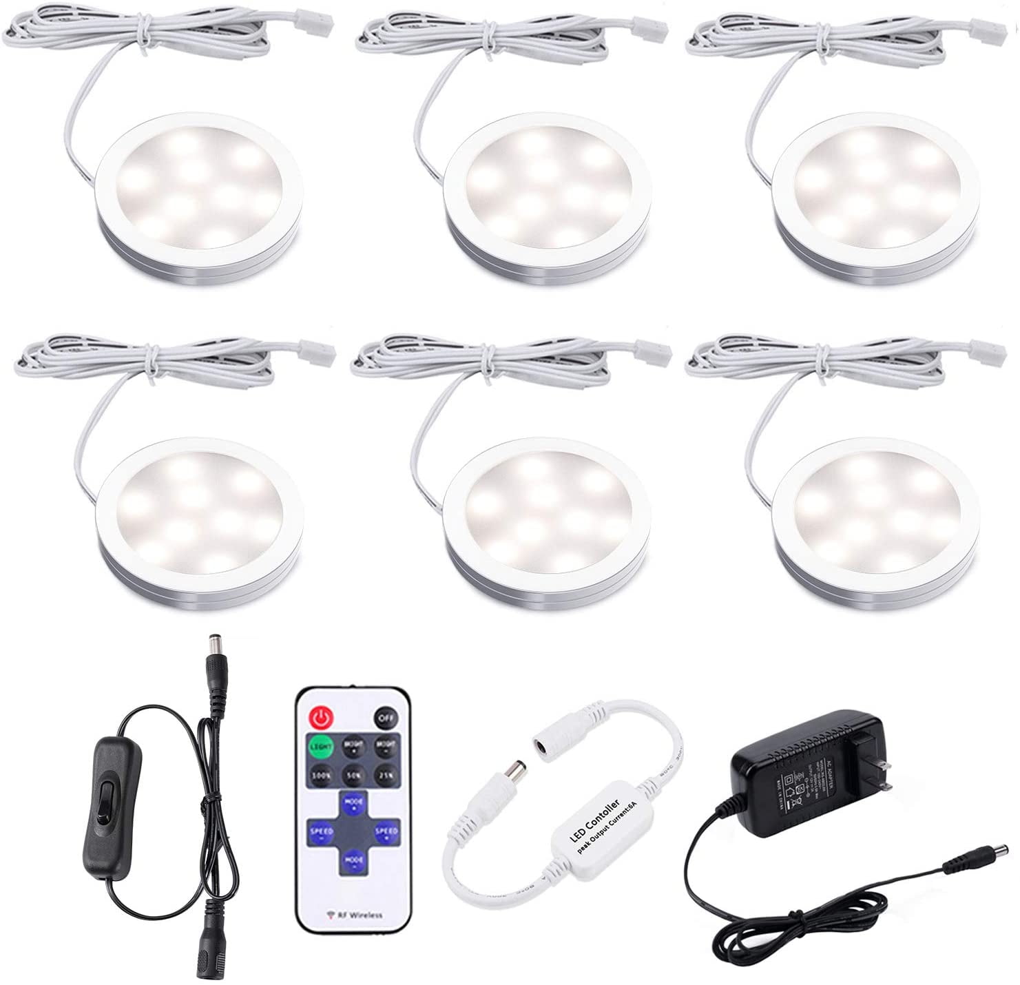 6000K Daylight White AIBOO 12V LED Under Cabinet Lights Kit 6 Pack Black Cord Aluminum Puck Lamps for Kitchen Counter Closet Lighting with Manual on/Off Switch 12W 6 Lights