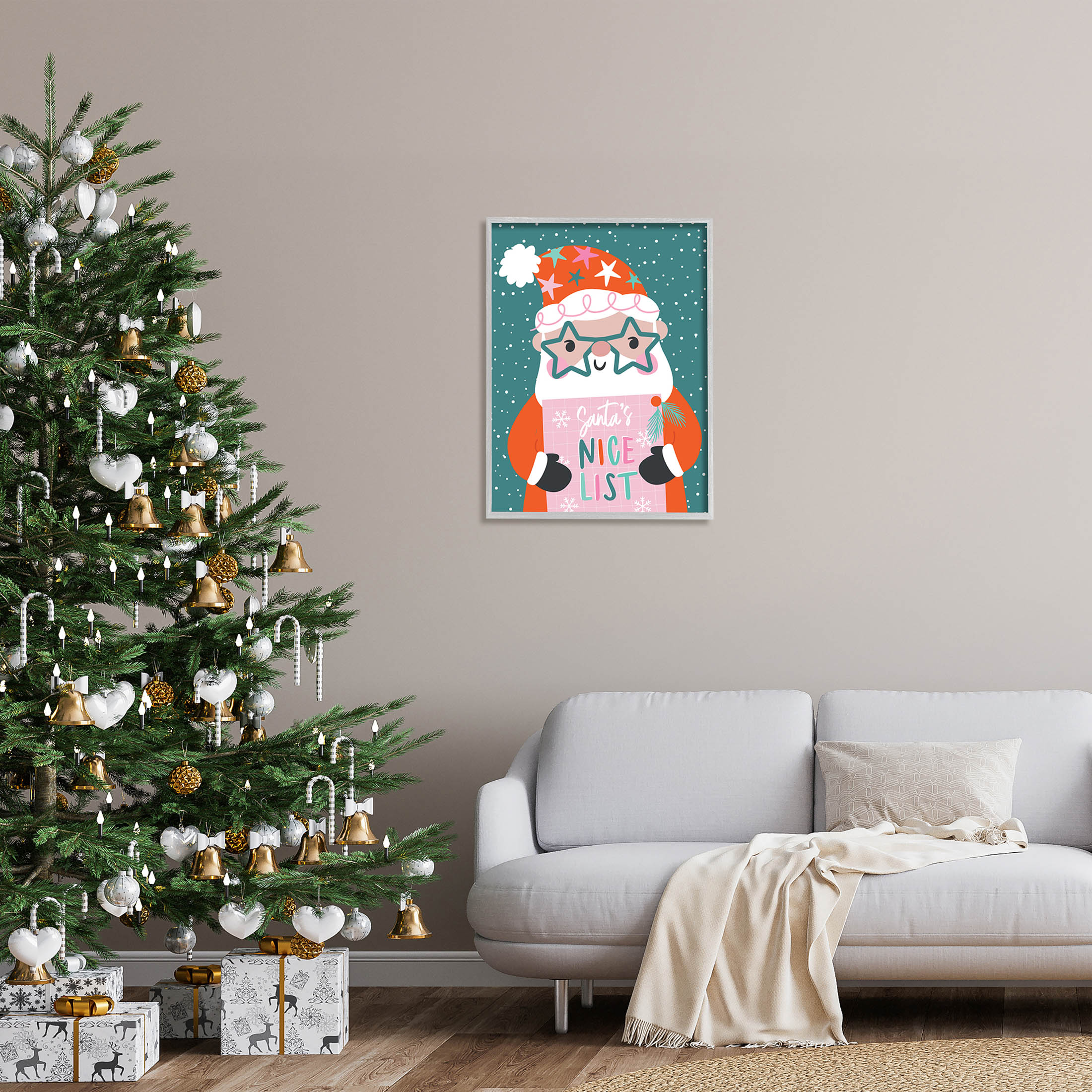 Santa's Nice List Falling Snow Holiday Graphic Art Gray Framed Art Print Wall Art
